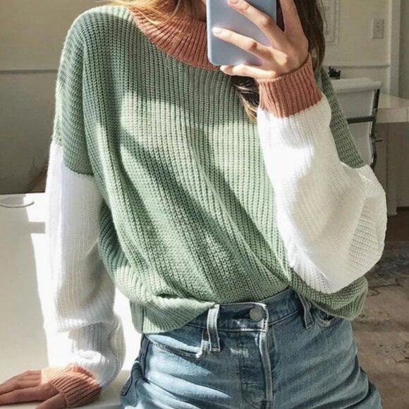 Princess Polly Pastel Sage Green Colorblock Sweater M/L Cropped Fall Soft Knit - Picture 1 of 7